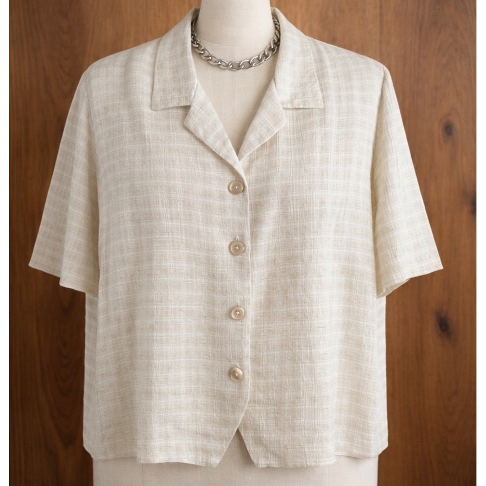 Vintage 90s Minimalist Boxy‎ Blouse 18/20  Cream Plaid Coastal Grandma Neutral